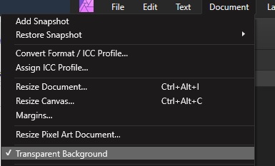 Enable transparent background on existing document in affinity photo.