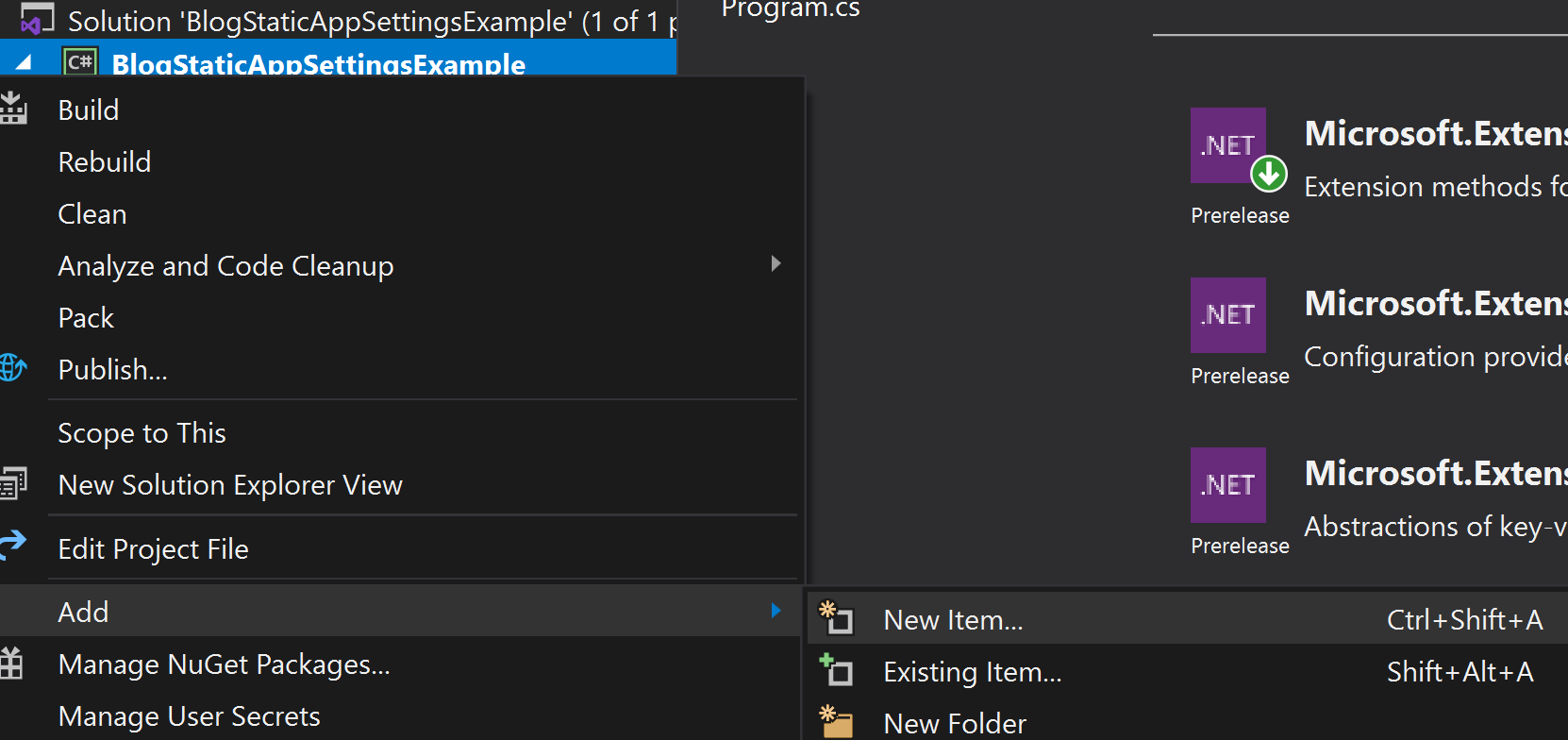 new item visual studio