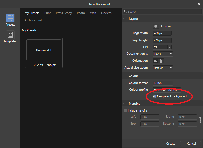 Enable transparent background on new document affinity photo.